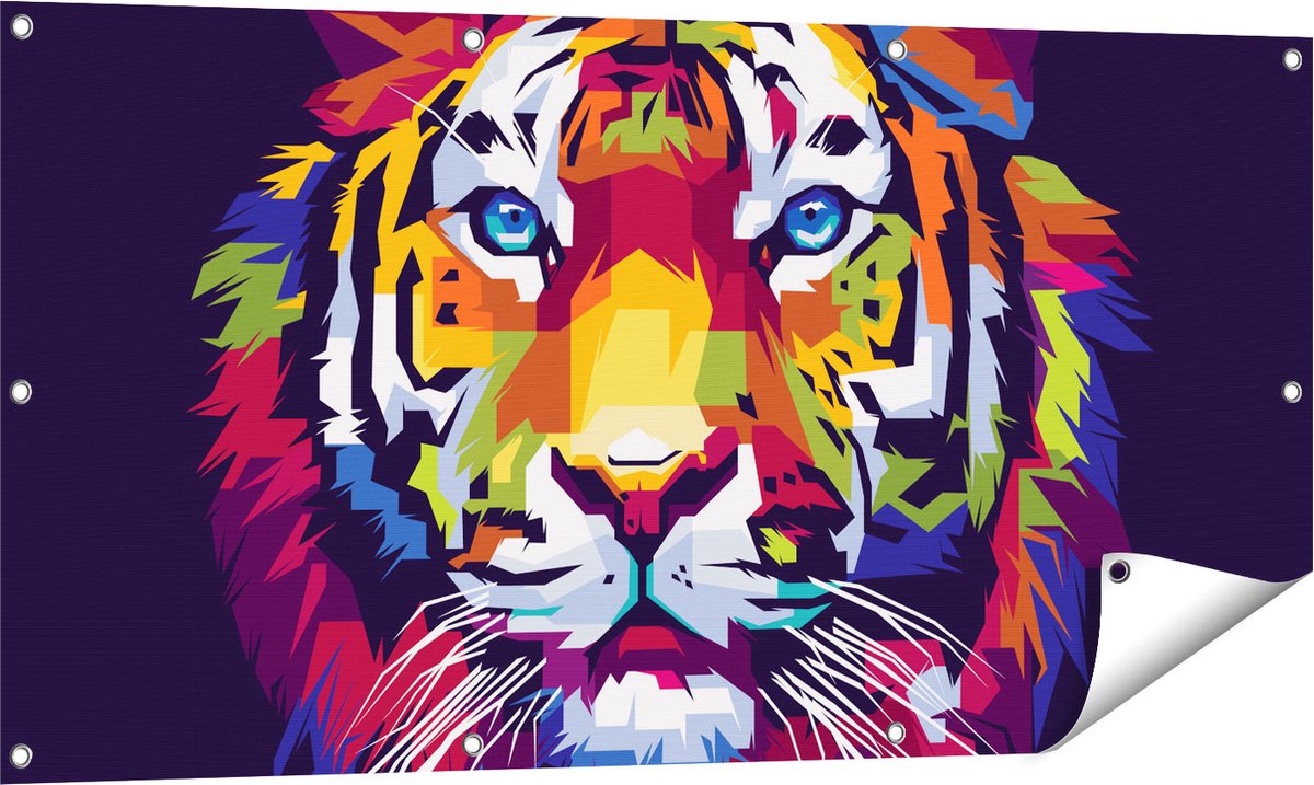 Gards Tuinposter Kleurrijke Tijger - Abstract - 120x60 cm - Tuindoek - Tuindecoratie - Wanddecoratie buiten - Tuinschilderij Multikleur