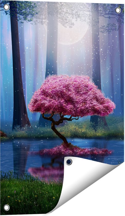 Gards Tuinposter Roze Boom op een Vijver in de Nacht - 40x60 cm - Tuindoek - Tuindecoratie - Wanddecoratie buiten - Tuinschilderij