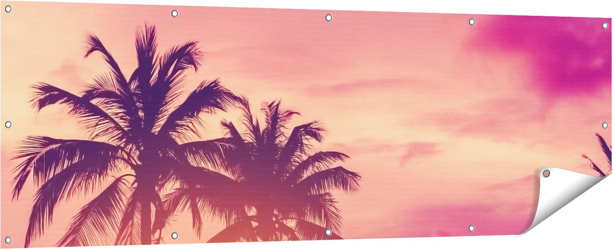 Gards Tuinposter Tropische Palmbomen met Zonsondergang - 180x60 cm - Tuindoek - Tuindecoratie - Wanddecoratie buiten - Tuinschilderij Multikleur