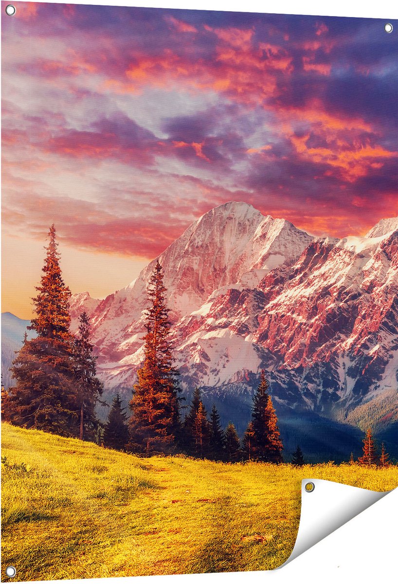 Gards Tuinposter Alpen Landschap met een Kleurrijke Hemel - 80x100 cm - Tuindoek - Tuindecoratie - Wanddecoratie buiten - Tuinschilderij Multikleur