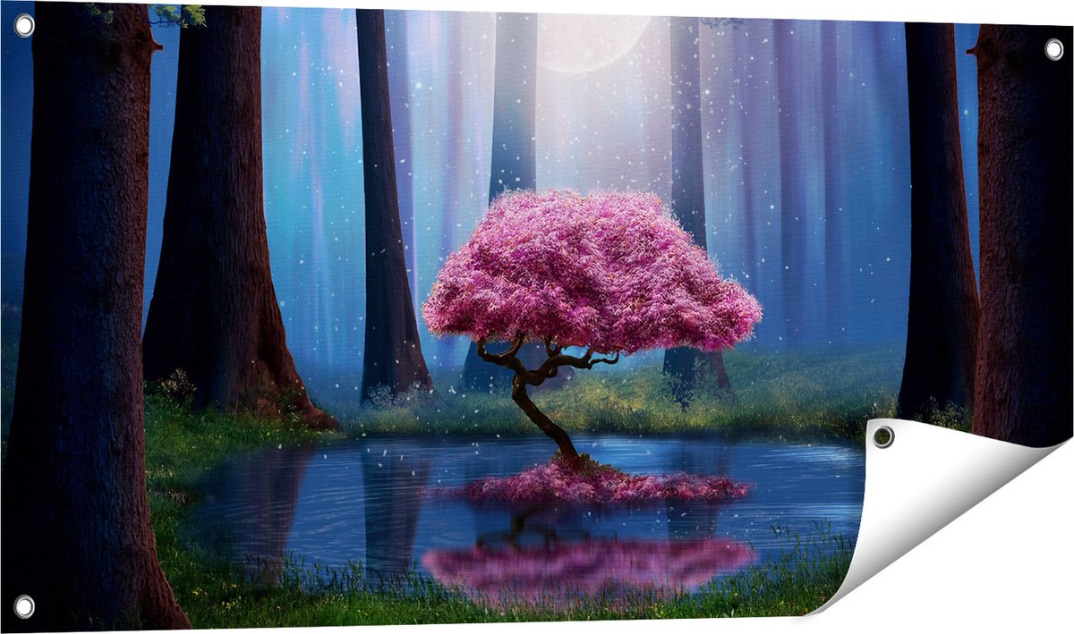 Gards Tuinposter Roze Boom op een Vijver in de Nacht - 100x50 cm - Tuindoek - Tuindecoratie - Wanddecoratie buiten - Tuinschilderij Multikleur