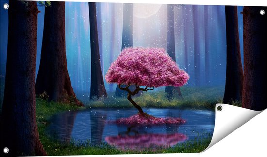 Gards Tuinposter Roze Boom op een Vijver in de Nacht - 100x50 cm - Tuindoek - Tuindecoratie - Wanddecoratie buiten - Tuinschilderij