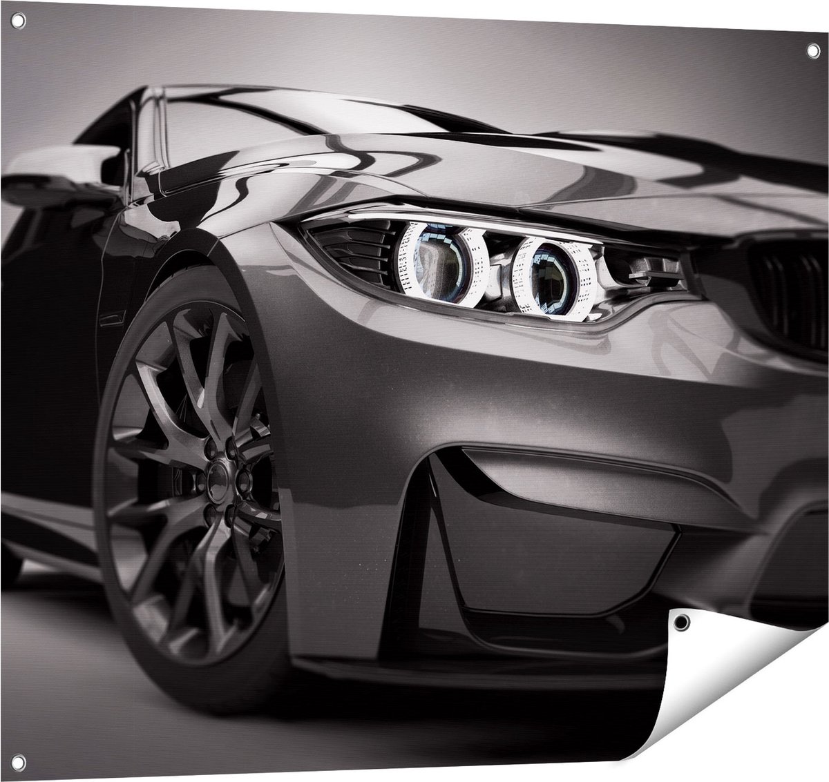 Gards Tuinposter Grijze Sportwagen Auto - Zwart Wit - 100x80 cm - Tuindoek - Tuindecoratie - Wanddecoratie buiten - Tuinschilderij Multikleur