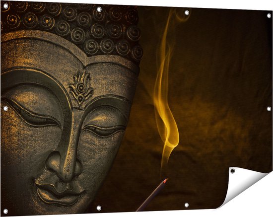 Gards Affiche de jardin Statue Bouddha avec Encens - 120x80 cm - Toile jardin - Décoration de jardin - Décoration murale extérieur - Tableau jardin