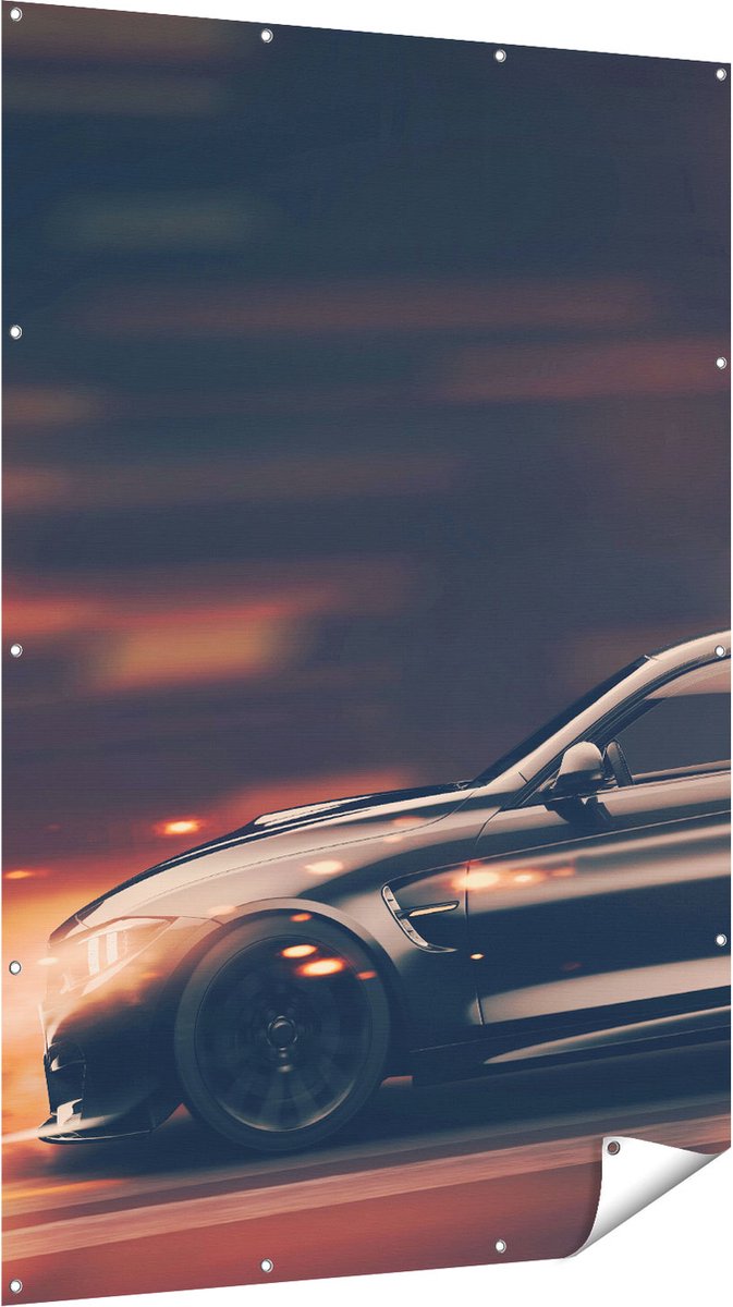 Gards Tuinposter Zwarte Sportwagen Auto met Vlammen - 120x180 cm - Tuindoek - Tuindecoratie - Wanddecoratie buiten - Tuinschilderij Multikleur