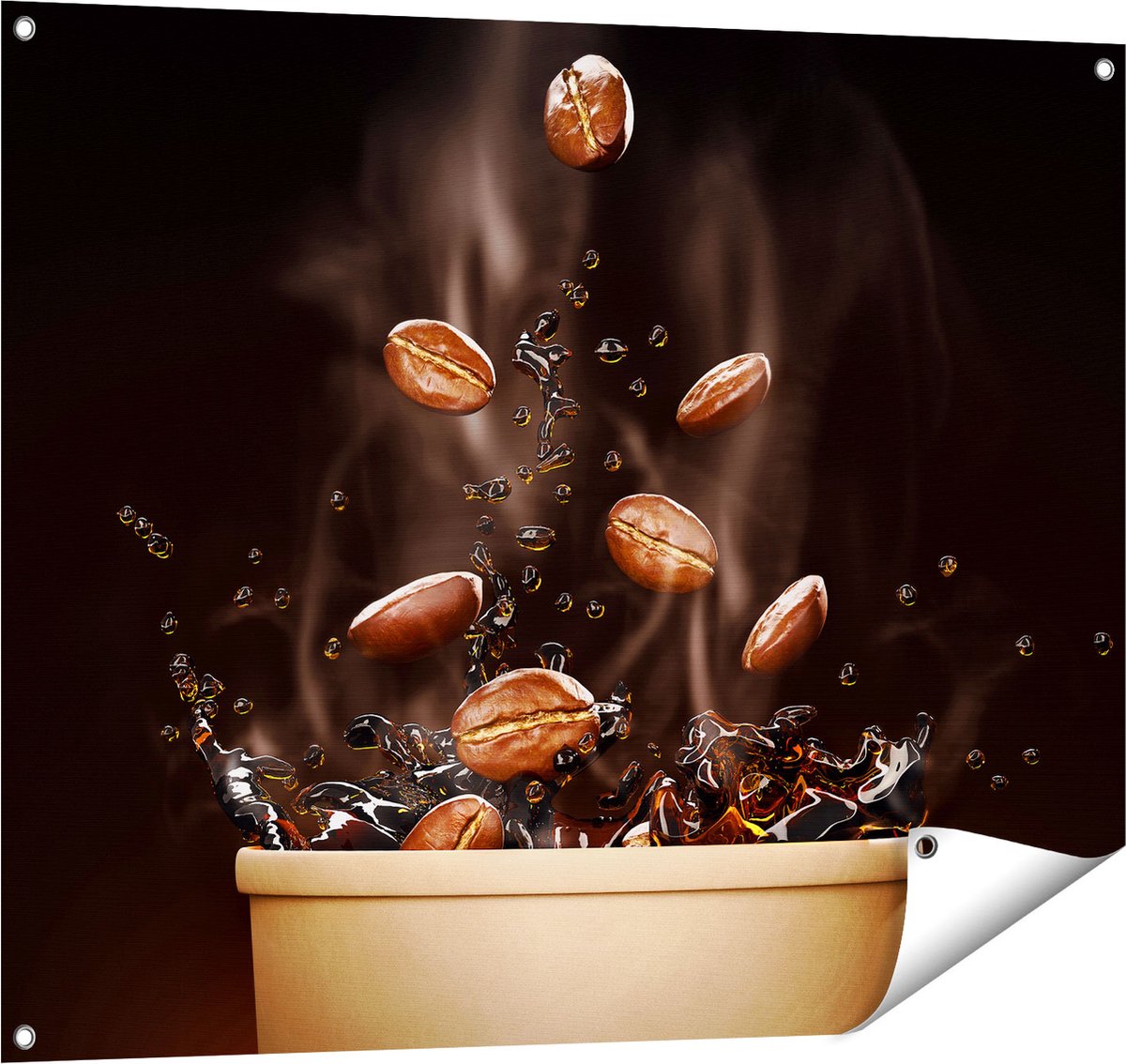 Gards Tuinposter Koffie Beker met Koffiebonen Erin - 100x80 cm - Tuindoek - Tuindecoratie - Wanddecoratie buiten - Tuinschilderij Multikleur