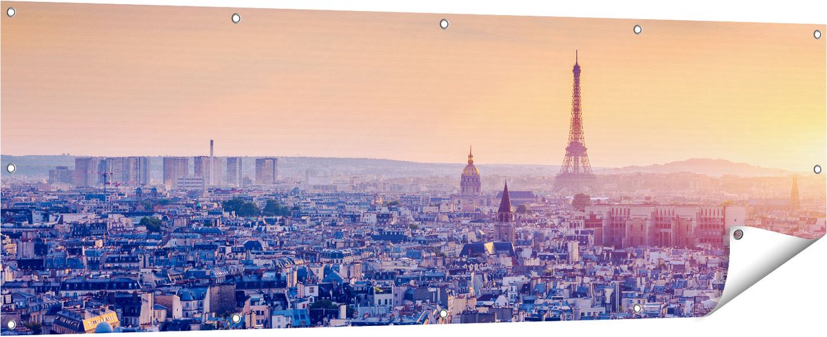 Gards Tuinposter Skyline van Parijs tijdens Zonsondergang - 180x60 cm - Tuindoek - Tuindecoratie - Wanddecoratie buiten - Tuinschilderij Multikleur