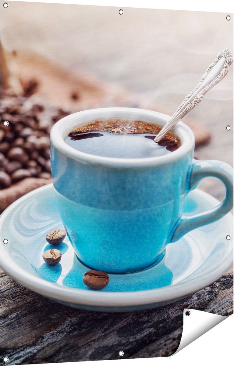 Gards Tuinposter Blauw Kopje Koffie met Koffiebonen - 90x120 cm - Tuindoek - Tuindecoratie - Wanddecoratie buiten - Tuinschilderij Multikleur