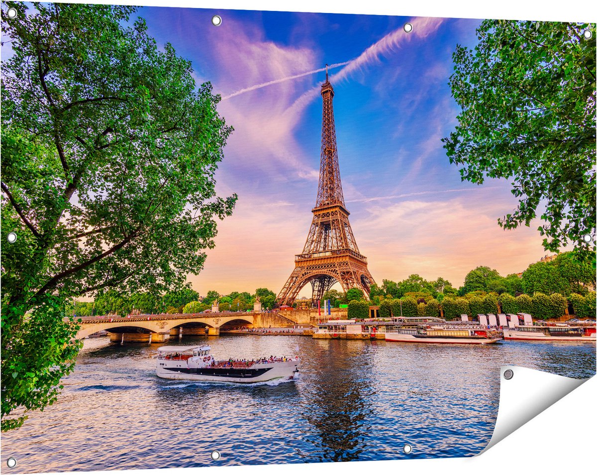 Gards Tuinposter Eiffeltoren in Parijs aan het Water - Kleur - 120x80 cm - Tuindoek - Tuindecoratie - Wanddecoratie buiten - Tuinschilderij Multikleur