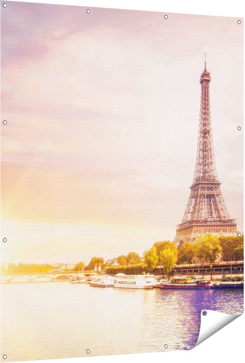 Gards Tuinposter Eiffeltoren in Parijs aan het Water - 120x150 cm - Tuindoek - Tuindecoratie - Wanddecoratie buiten - Tuinschilderij Multikleur