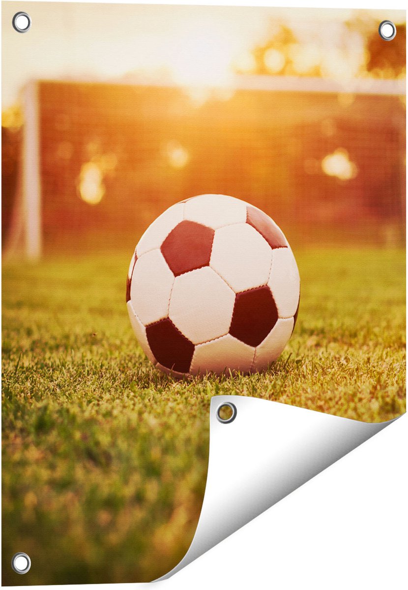 Gards Tuinposter Voetbal met Goal tijdens Zonsondergang - 40x50 cm - Tuindoek - Tuindecoratie - Wanddecoratie buiten - Tuinschilderij Multikleur