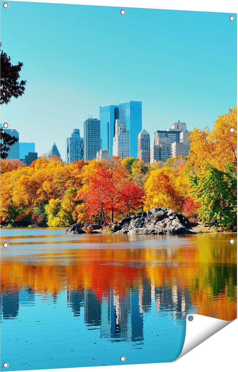 Gards Tuinposter Central Park in New York tijdens de Herfst - 90x120 cm - Tuindoek - Tuindecoratie - Wanddecoratie buiten - Tuinschilderij Multikleur