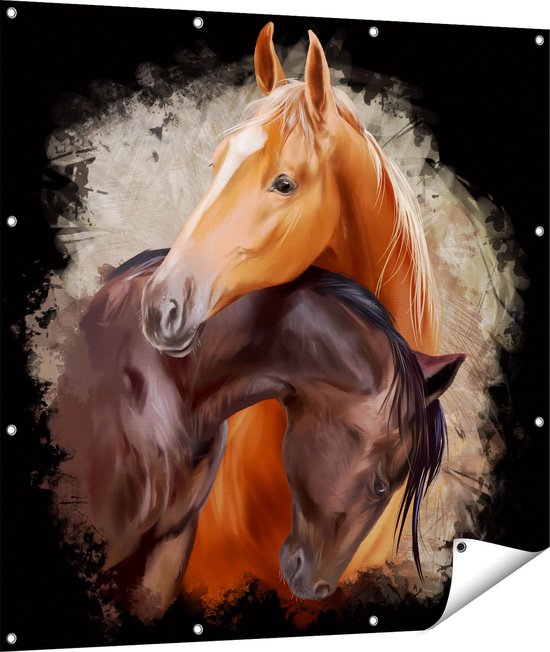 Gards Poster de Jardin Deux Paarden Dessinés en Câlin - Abstrait - 110x110 cm - Toile Jardin - Décoration de jardin - Décoration murale Extérieure - Tableau Jardin