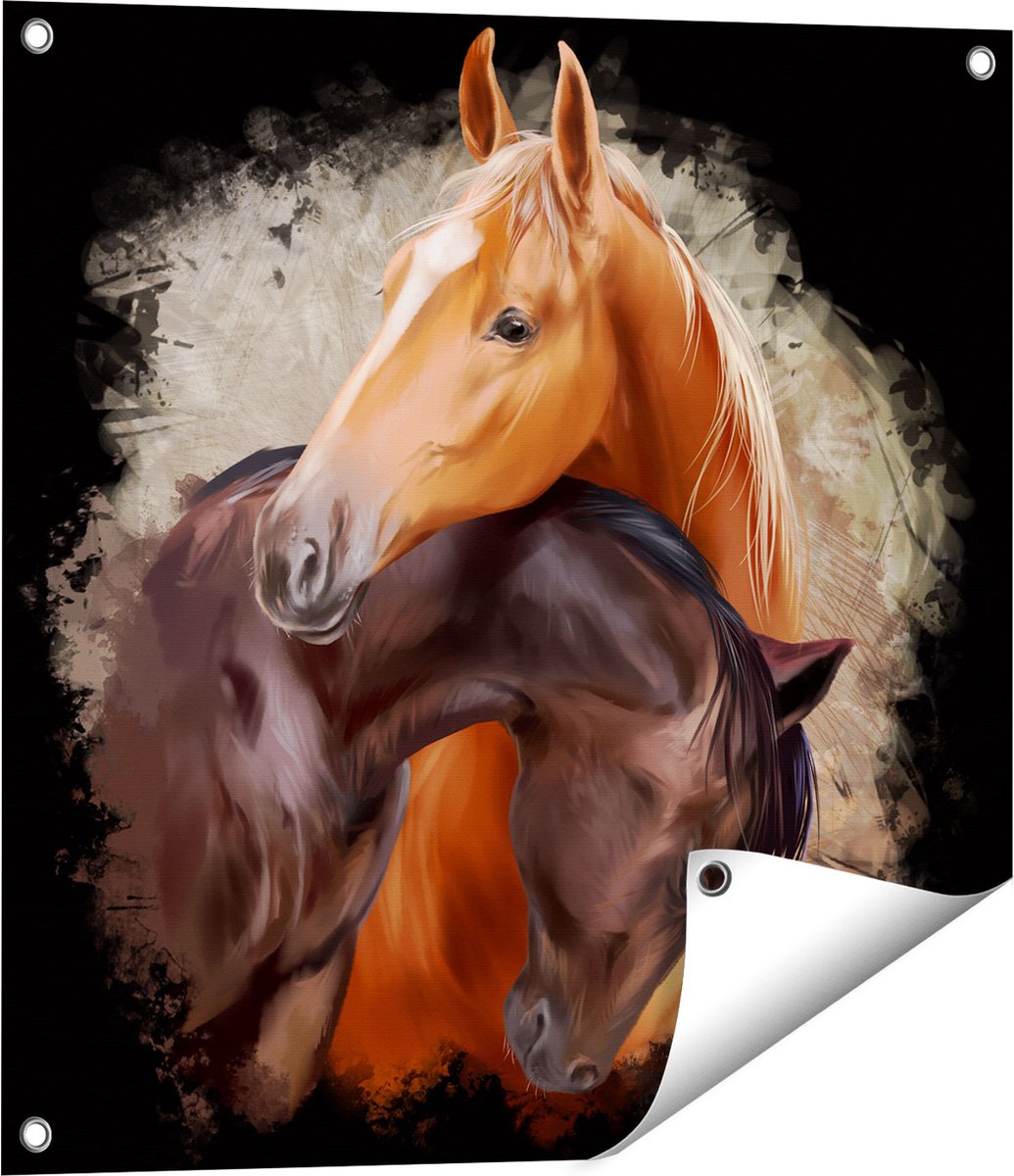 Gards Tuinposter Twee Getekende Knuffelende Paarden - Abstract - 60x60 cm - Tuindoek - Tuindecoratie - Wanddecoratie buiten - Tuinschilderij Multikleur