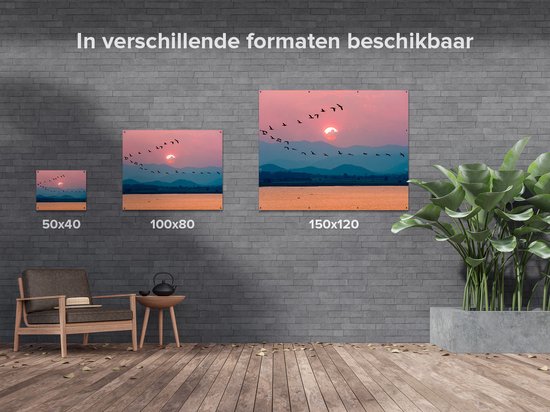 Gards Tuinposter Silhouet van Zwerm Vogels bij Zonsondergang - 150x120 cm - Tuindoek - Tuindecoratie - Wanddecoratie buiten - Tuinschilderij
