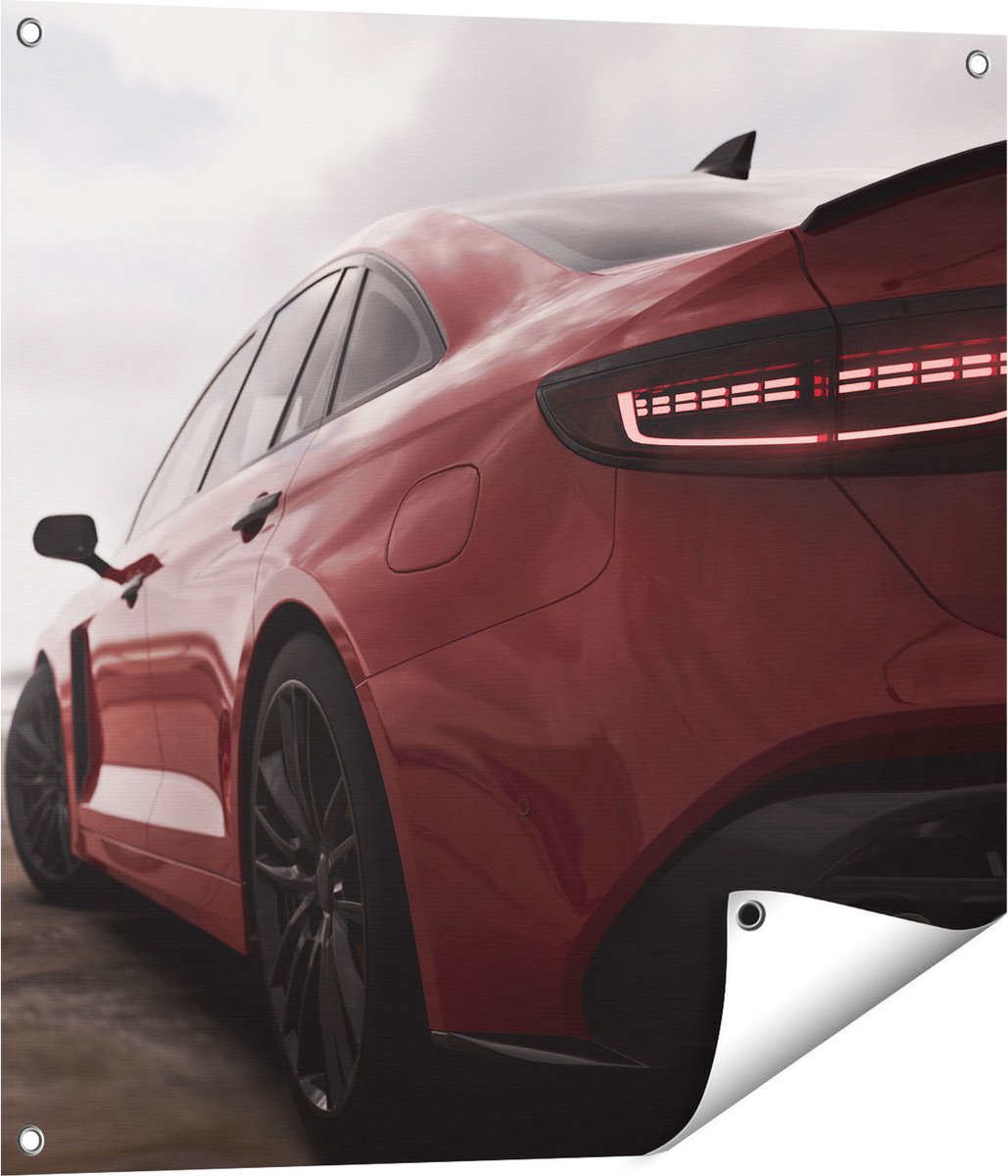 Gards Tuinposter Rode Sportwagen Auto - 70x70 cm - Tuindoek - Tuindecoratie - Wanddecoratie buiten - Tuinschilderij Multikleur