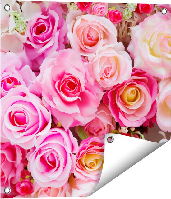 Gards Tuinposter Roze Rozen Achtergrond - Bloemen - 50x50 cm - Tuindoek - Tuindecoratie - Wanddecoratie buiten - Tuinschilderij