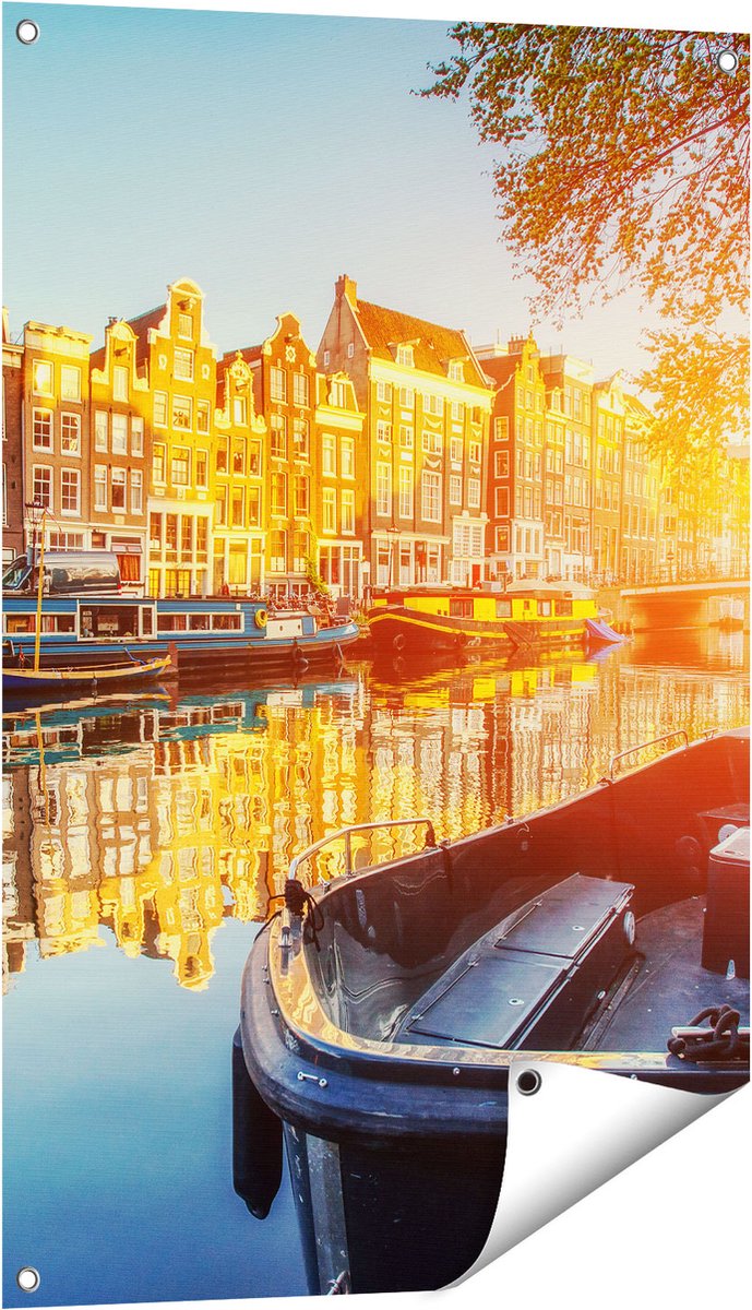 Gards Tuinposter Amsterdamse Brug - Gracht - met Bloemen - 60x90 cm - Tuindoek - Tuindecoratie - Wanddecoratie buiten - Tuinschilderij Multikleur