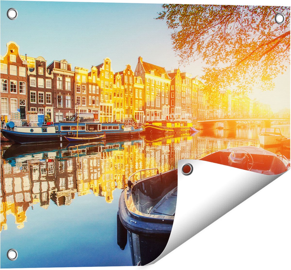 Gards Tuinposter Amsterdamse Brug - Gracht - met Bloemen - 50x40 cm - Tuindoek - Tuindecoratie - Wanddecoratie buiten - Tuinschilderij Multikleur