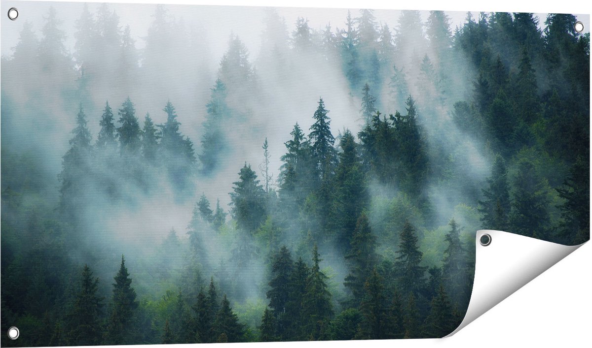Gards Tuinposter Bos met Bomen in de Mist - 100x50 cm - Tuindoek - Tuindecoratie - Wanddecoratie buiten - Tuinschilderij Multikleur