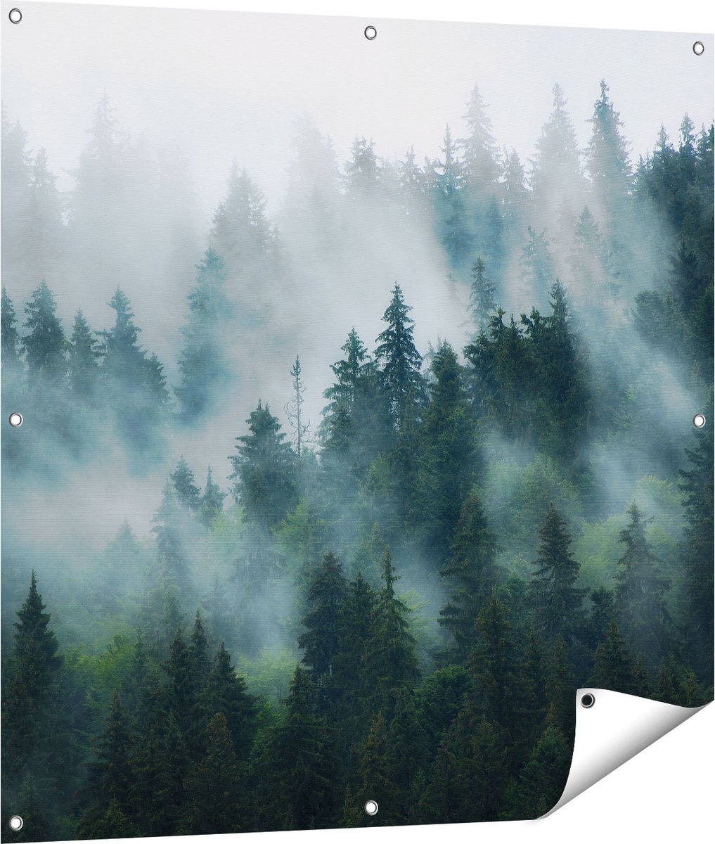 Gards Tuinposter Bos met Bomen in de Mist - 100x100 cm - Tuindoek - Tuindecoratie - Wanddecoratie buiten - Tuinschilderij Multikleur