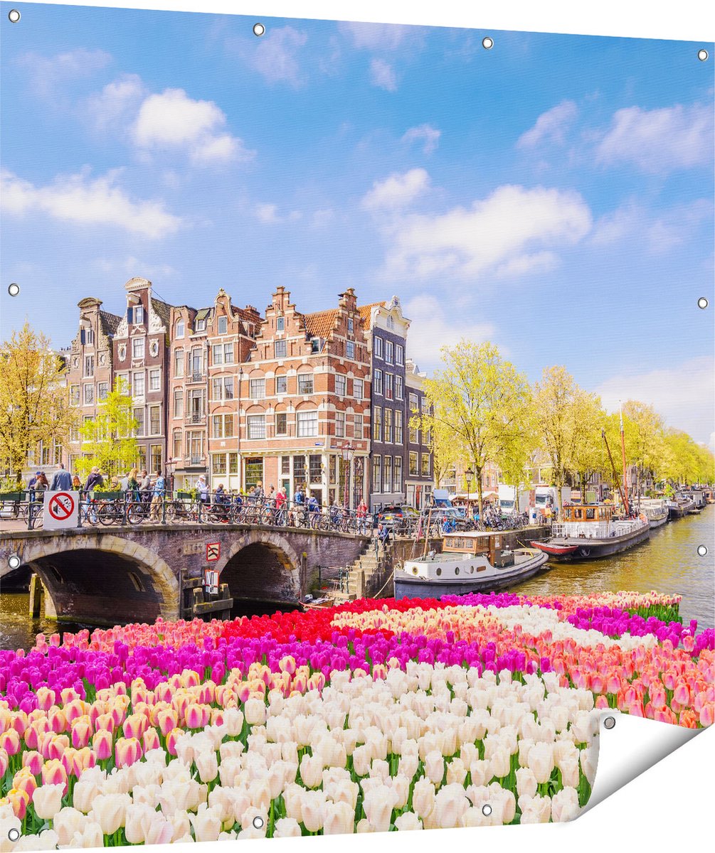 Gards Tuinposter Amsterdamse Huisjes aan de Grachten - 120x120 cm - Tuindoek - Tuindecoratie - Wanddecoratie buiten - Tuinschilderij Multikleur