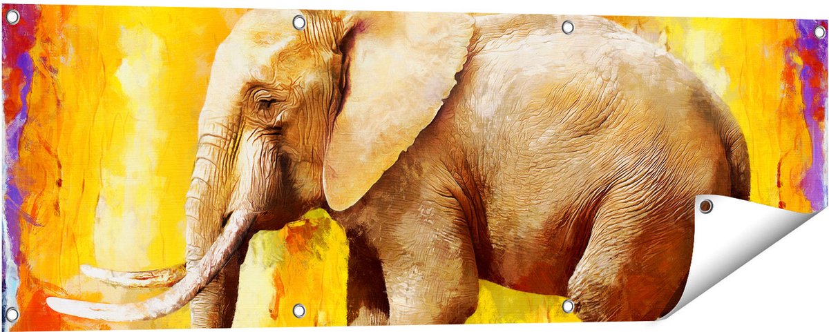 Gards Tuinposter Geschilderde Olifant Olieverf - Abstract - 120x40 cm - Tuindoek - Tuindecoratie - Wanddecoratie buiten - Tuinschilderij Multikleur