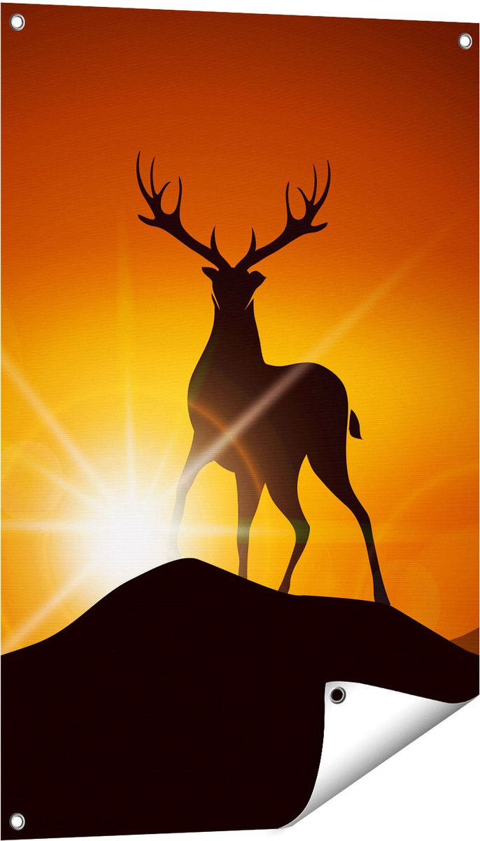 Gards Tuinposter Hert op een Berg - Abstract - Silhouet - 60x90 cm - Tuindoek - Tuindecoratie - Wanddecoratie buiten - Tuinschilderij Multikleur