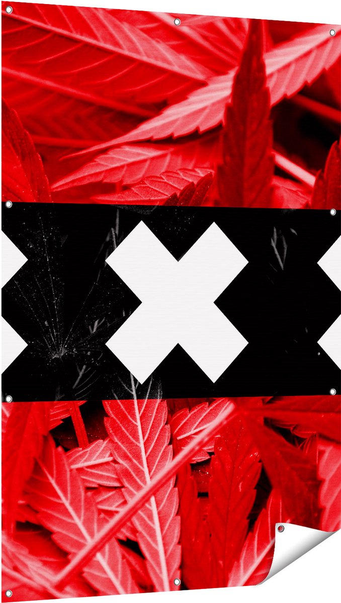 Gards Tuinposter Amsterdamse Vlag met Cannabis Achtergrond - 100x150 cm - Tuindoek - Tuindecoratie - Wanddecoratie buiten - Tuinschilderij Multikleur