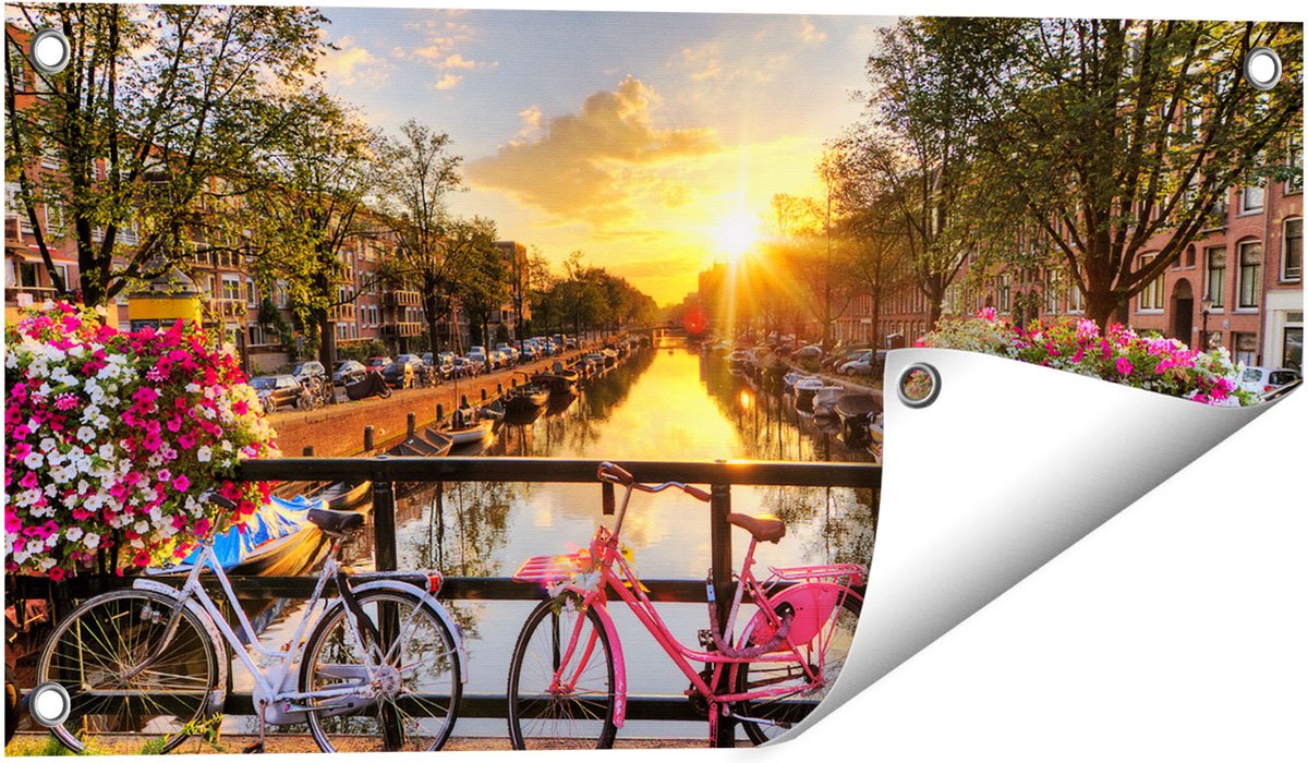 Gards Tuinposter Amsterdamse Brug met Zonsopgang - 60x30 cm - Tuindoek - Tuindecoratie - Wanddecoratie buiten - Tuinschilderij Multikleur