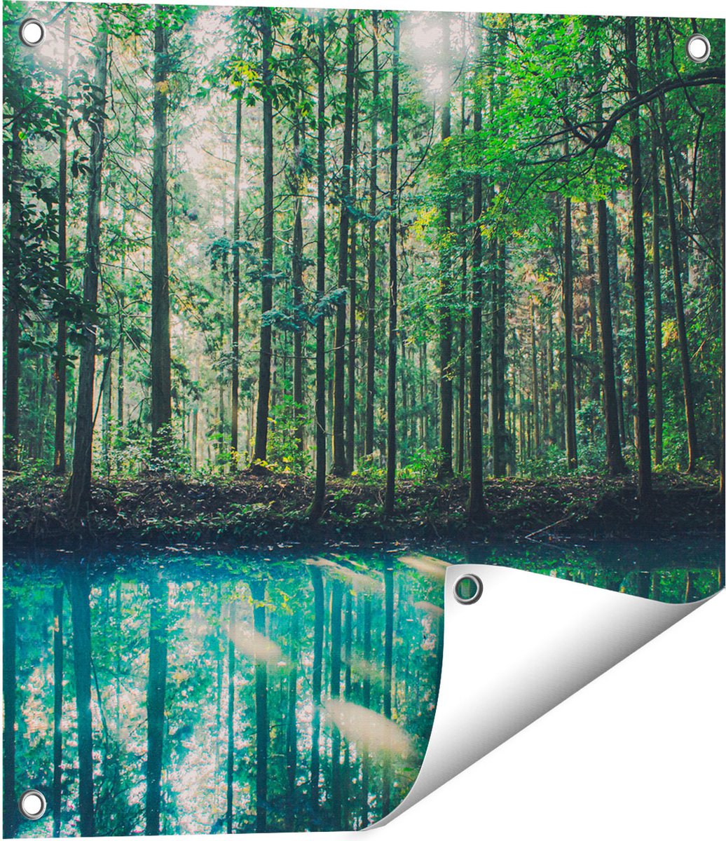 Gards Tuinposter Bos bij een Groen Meer - 50x50 cm - Tuindoek - Tuindecoratie - Wanddecoratie buiten - Tuinschilderij Multikleur