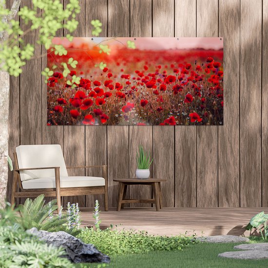 Gards Affiche de jardin Coquelicots rouges Champ de fleurs Coucher de soleil - 160x80 cm - Toile jardin - Décoration de jardin - Décoration murale extérieur - Tableau jardin