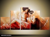 Schilderij -  Sexy - Naakte Vrouw - Bruin, Rood - 150x70cm 5Luik - GroepArt - Handgeschilderd Schilderij - Canvas Schilderij - Wanddecoratie - Woonkamer - Slaapkamer - Geschilderd Door Onze Kunstenaars 2000+Collectie Maatwerk Mogelijk