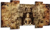 GroepArt - Schilderij - Boeddha - Grijs, Bruin - 120x65 5Luik - Foto Op Canvas - GroepArt 6000+ Schilderijen 0p Canvas Art Collectie - Wanddecoratie