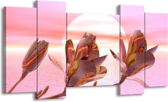 GroepArt - Schilderij - Bloem - Roze, Paars, Wit - 120x65 5Luik - Foto Op Canvas - GroepArt 6000+ Schilderijen 0p Canvas Art Collectie - Wanddecoratie
