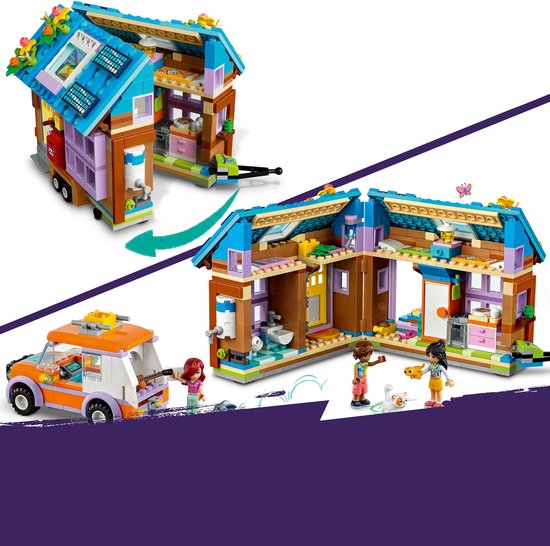 LEGO Friends set met caravan die los kan van het huisje, poppetjes en dieren, op een witte achtergrond.