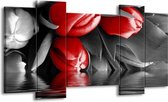 GroepArt - Schilderij - Tulpen - Rood, Grijs, Zwart - 120x65 5Luik - Foto Op Canvas - GroepArt 6000+ Schilderijen 0p Canvas Art Collectie - Wanddecoratie