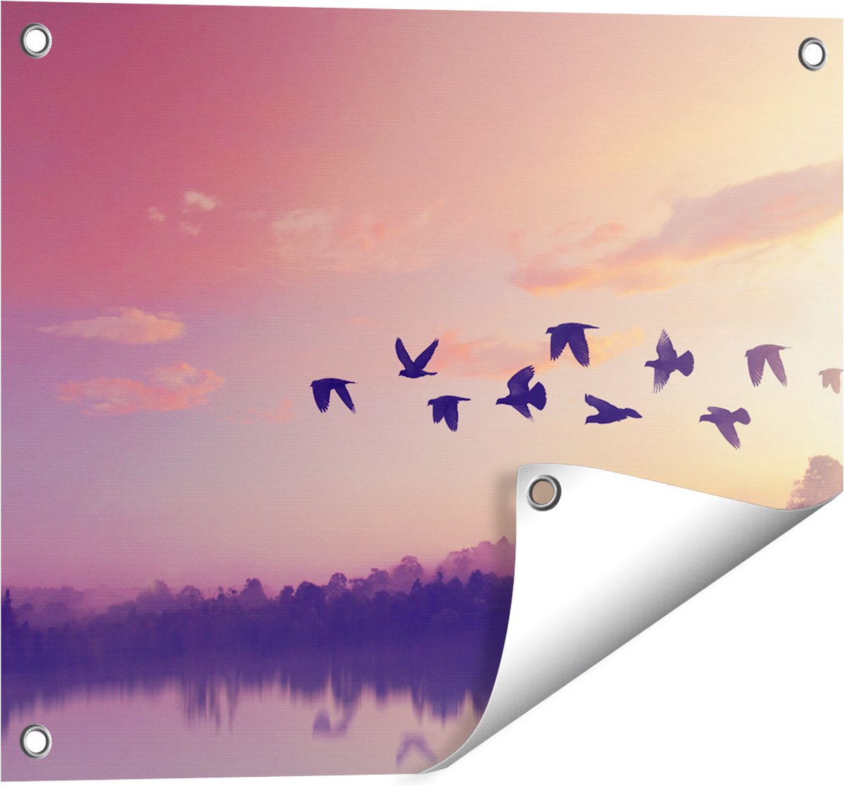 Gards Tuinposter Silhouet Vogels tijdens Zonsondergang - 50x40 cm - Tuindoek - Tuindecoratie - Wanddecoratie buiten - Tuinschilderij Multikleur
