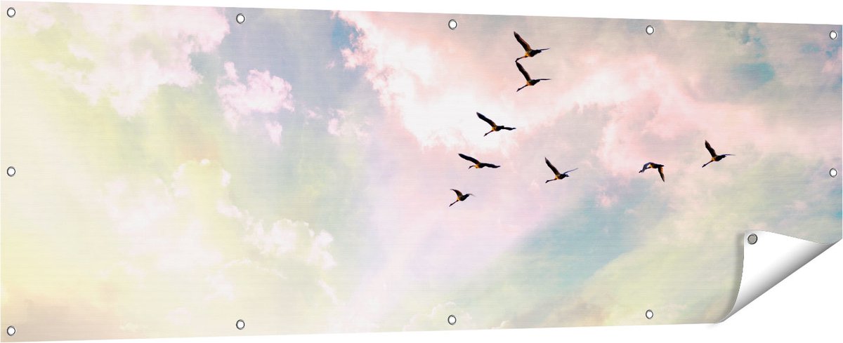 Gards Tuinposter Groep Vogels Vliegen Boven het Gras - 180x60 cm - Tuindoek - Tuindecoratie - Wanddecoratie buiten - Tuinschilderij Multikleur