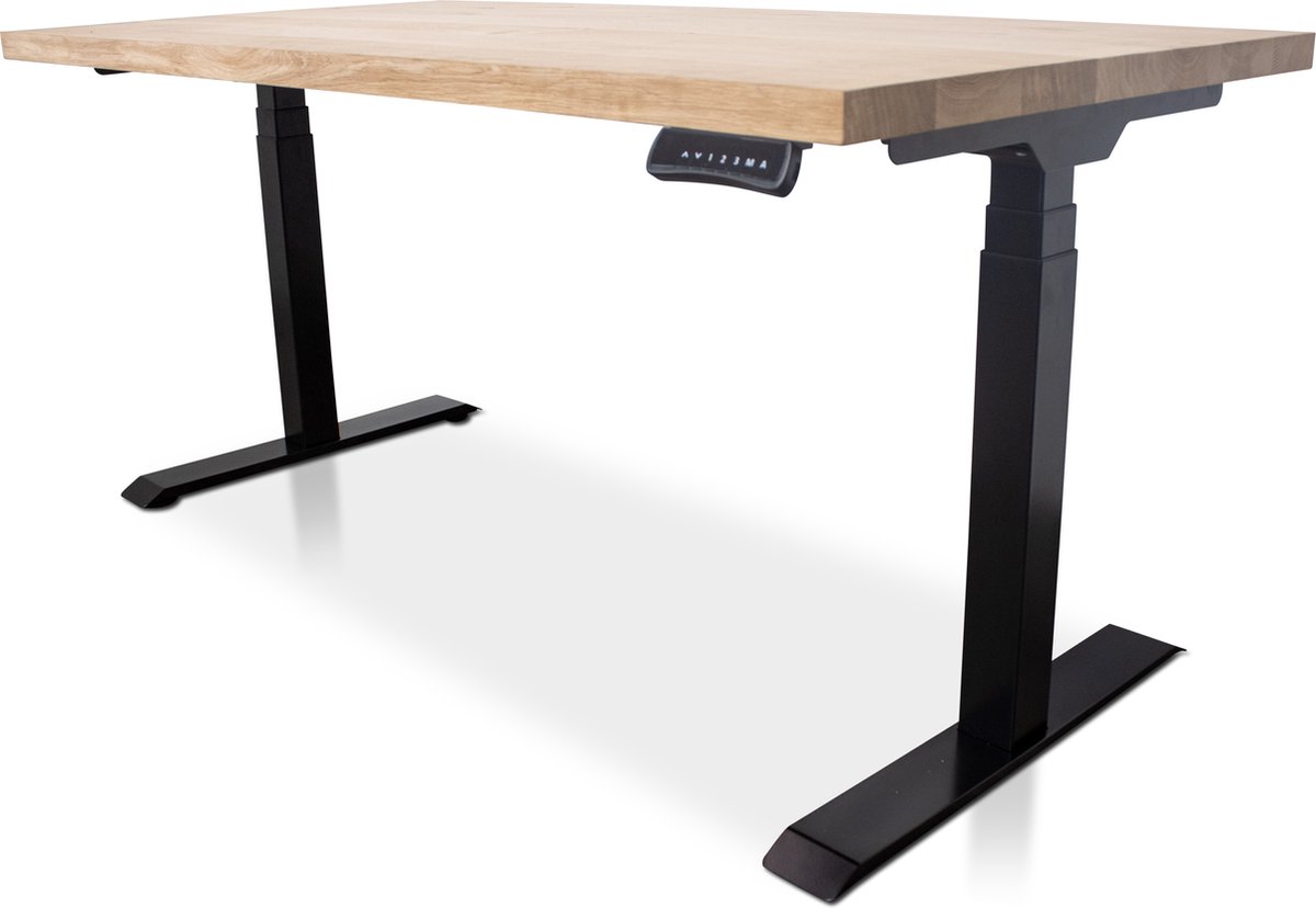 Multi Ratio Zit-sta bureau met massief eiken blad 180 x 90 cm - MRC PRO NEN-EN 527 - elektrisch verstelbaar - frame zwart - 130 cm hoog - 150KG draagvermogen