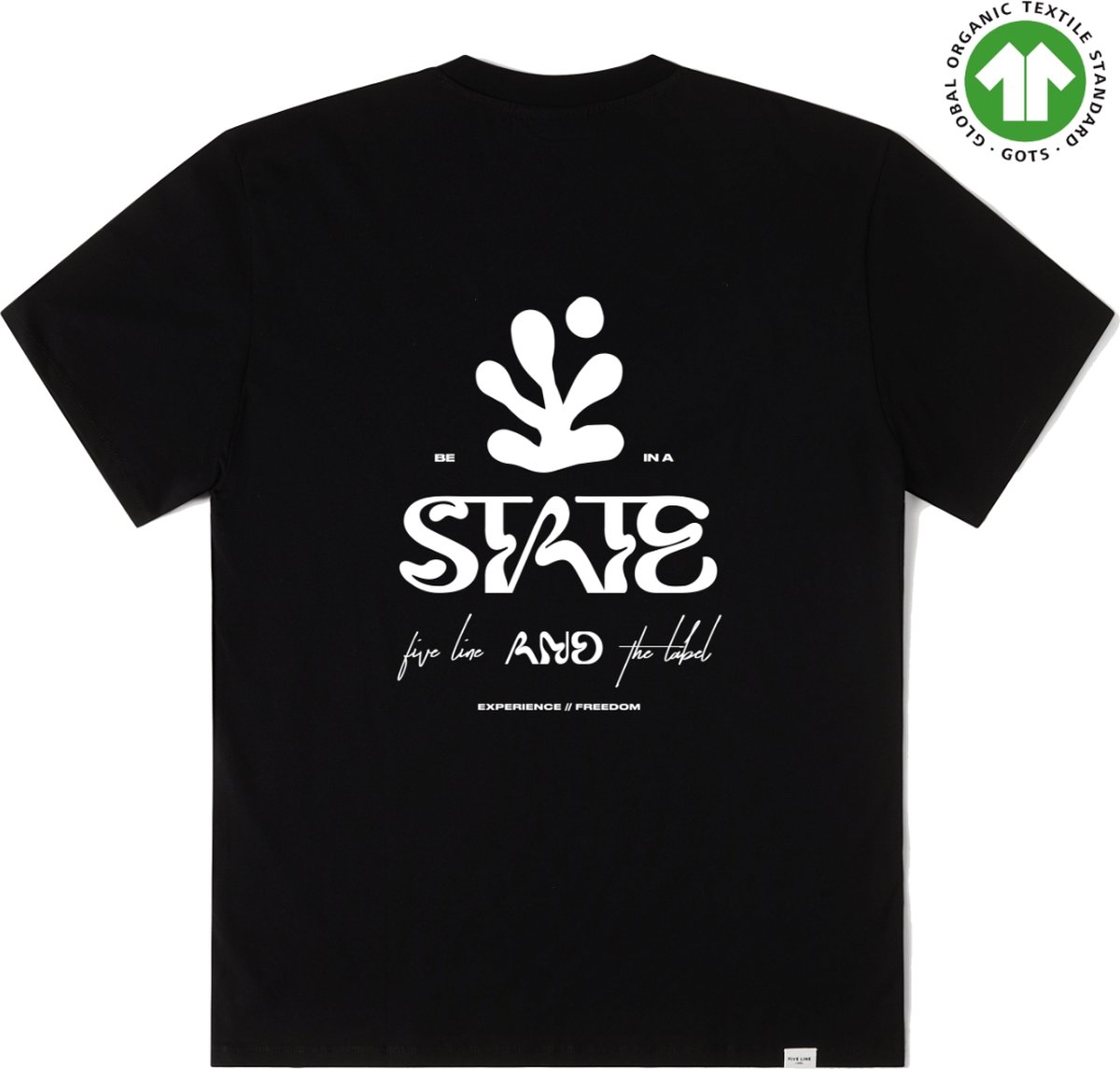 FIVE LINE LABEL - Zwart t shirt met print - Heren - Dames - Biologisch Katoen - Oversized Fit - Maat M