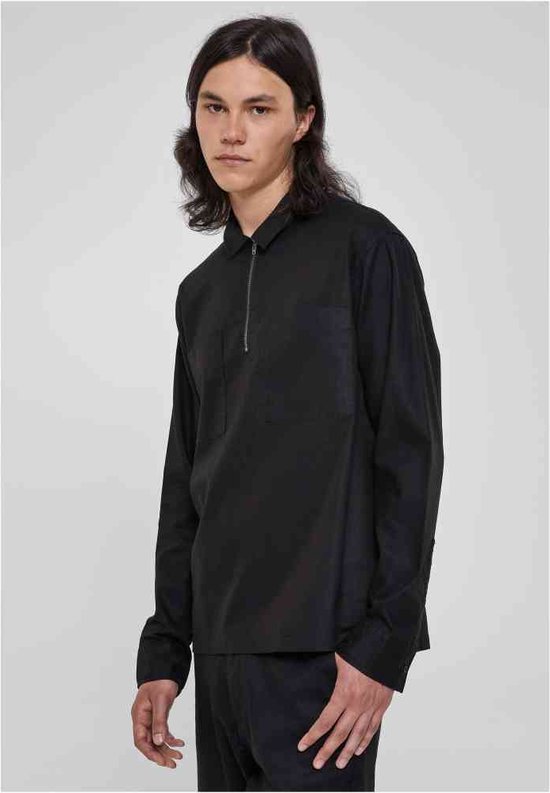 Urban Classics - Cotton Linen Half Zip Longsleeve shirt - M - Zwart