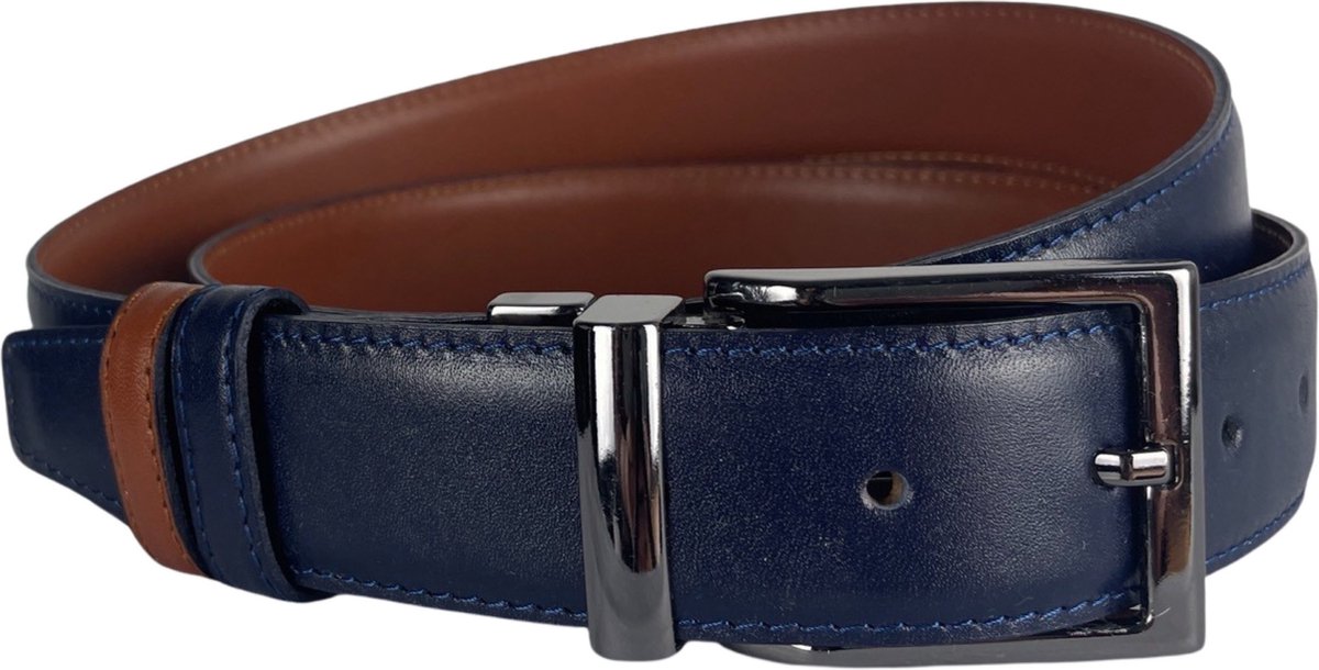 Riem Heren - Donkerblauw En Cognac - Echt leer - 3.5 cm Breed - Maat 110 (Taille tot 95 cm) - Dubbelzijdig - Arrigo