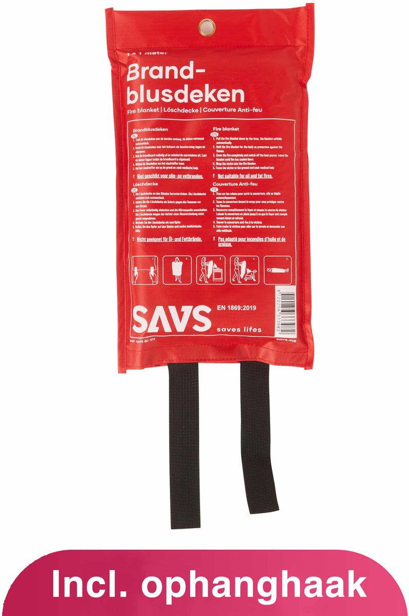 SAVS® Blusdeken met ophanghaak - 100 x 100 cm - Branddeken voor o.a. thuis & keuken - Handig ophangoog - SAVS