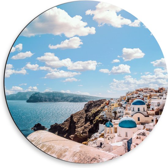 WallClassics - Dibond Muurcirkel - Klassiek Witte Huisjes in Santorini - 50x50 cm Foto op Aluminium Muurcirkel (met ophangsysteem)