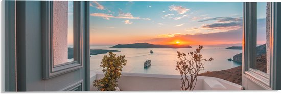 Acrylglas - Uitzicht op Zonsondergang in de Oceaan vanaf Grieks Balkon - 60x20 cm Foto op Acrylglas (Met Ophangsysteem)