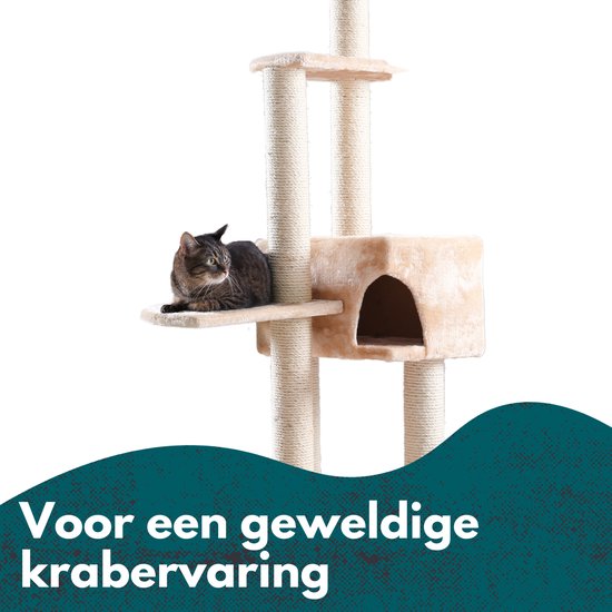 Een kat ligt op een plateau van een beige kattenkrabpaal met witte krabpalen. Tekst: 'Voor een geweldige krabervaring'.