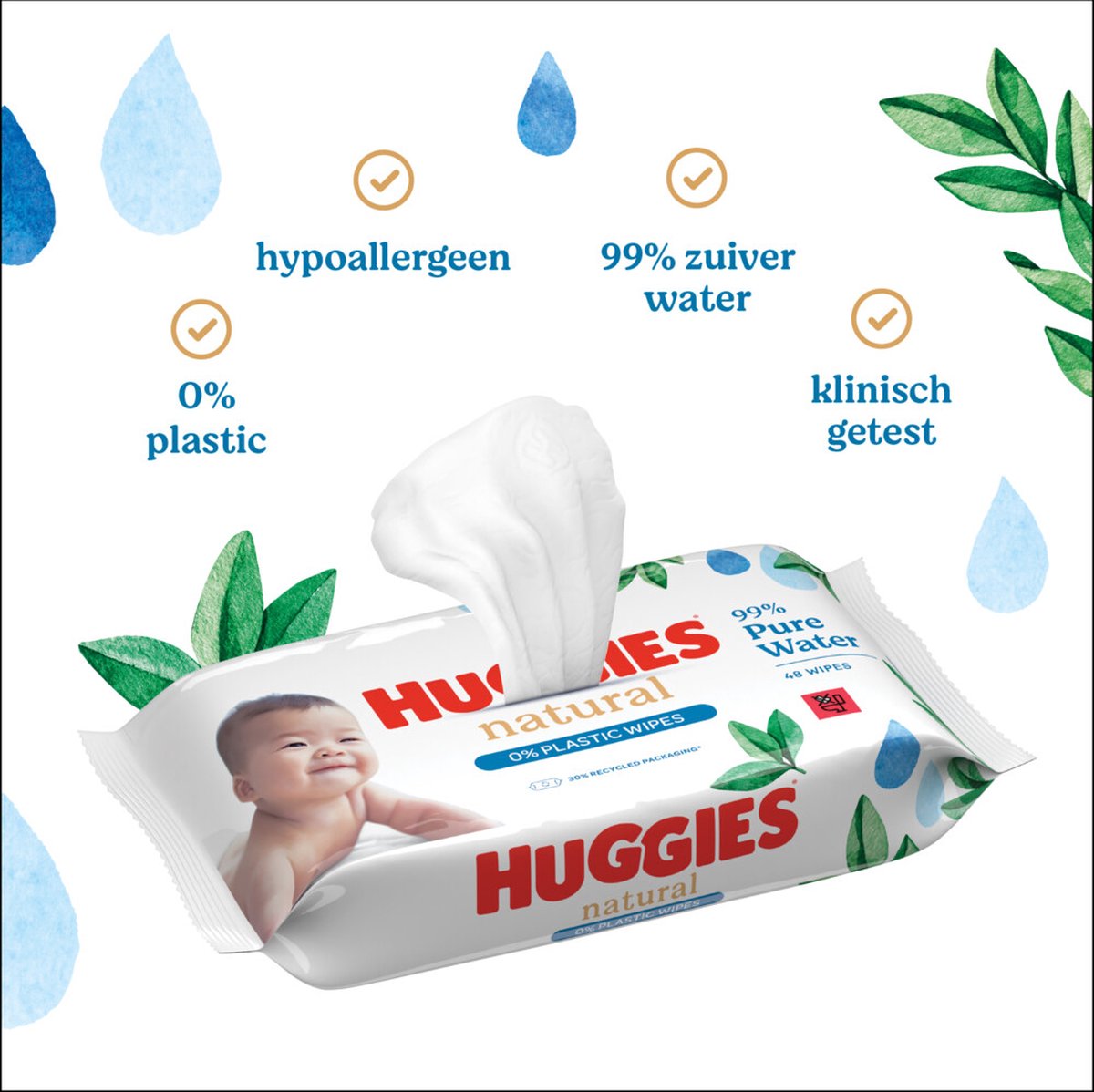 Lingettes bébé Huggies - 0% plastique - 100% de fibres naturelles, sans  plastic - 48