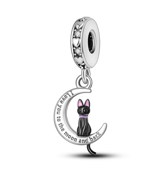 Charme pour Bracelet Pandora | Charm chat noir sur la lune | Animal de compagnie | "Je t'aime à la folie" | Charme Charm | 925 | Émail noir, rose, violet | Zircone transparente | Cadeau |