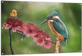 Tuinposter – IJsvogel en Vlinder op Bloesem Bloemen - 150x100 cm Foto op Tuinposter (wanddecoratie voor buiten en binnen)